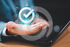 Quality control assurance concept, guarantee best service tech, Standard, ISO certificationÃÂ andÃÂ proposal system.